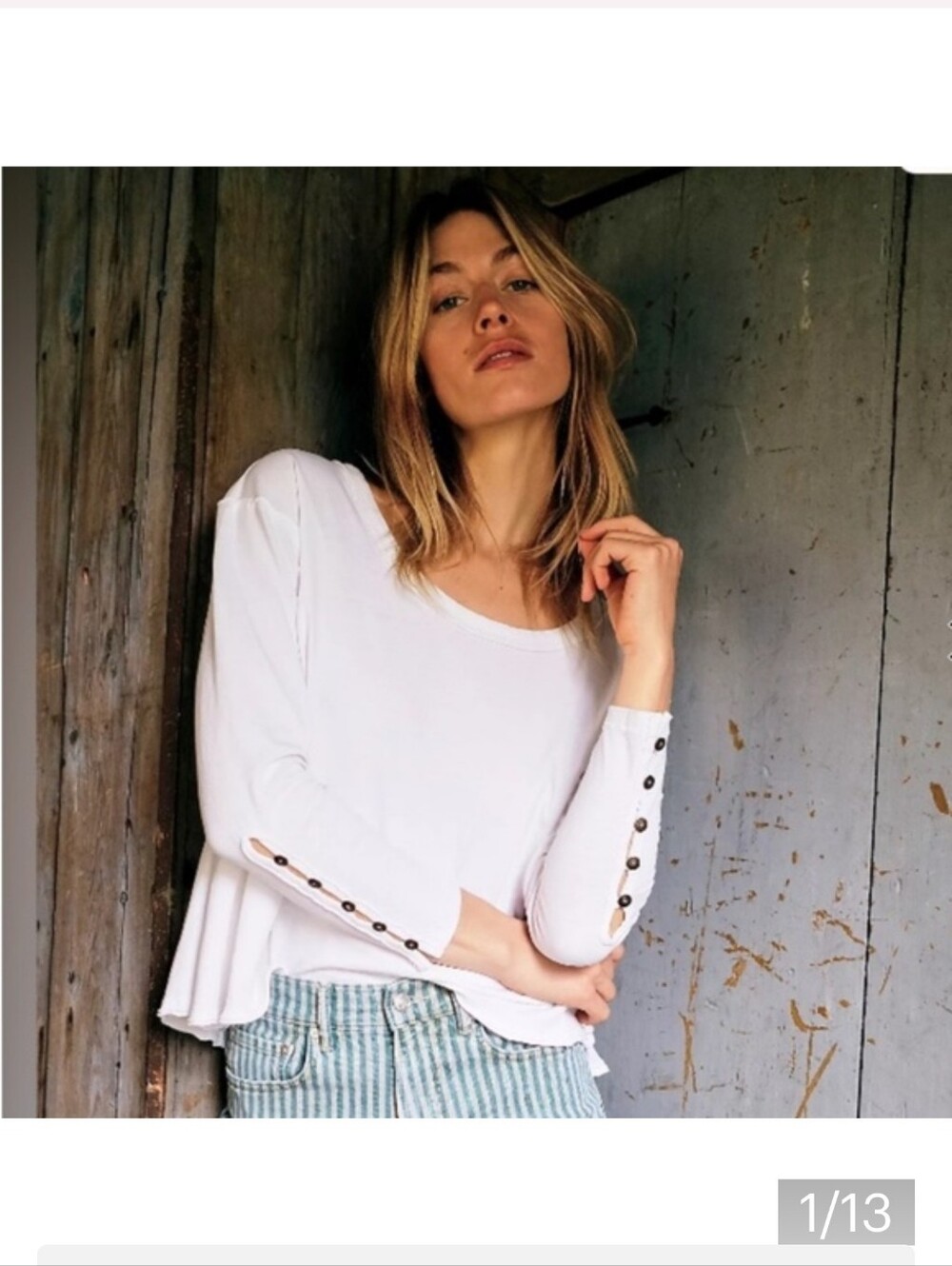 Free People We The Free White Peony Long Sleeve Tee Shirt Scoop Neck Flowy Tee.